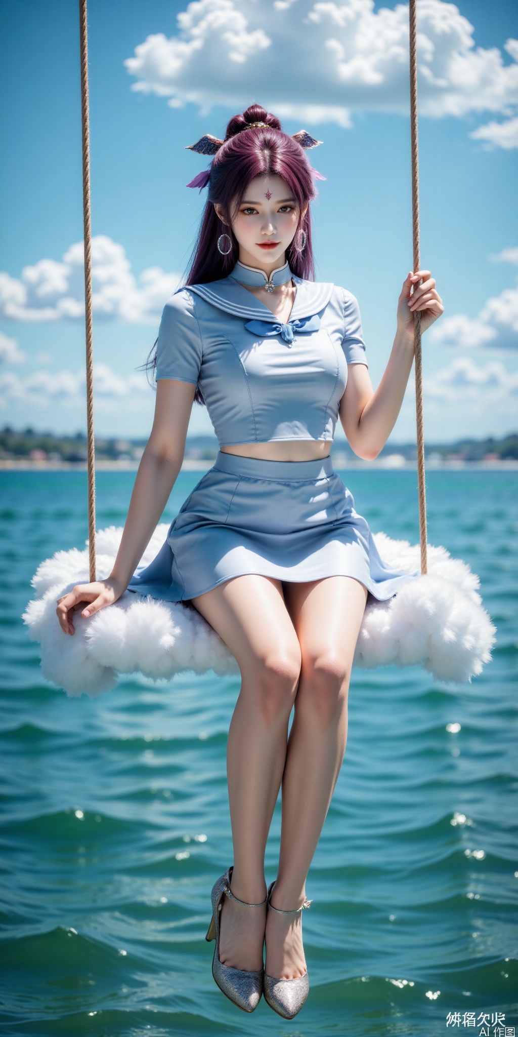 真人肌肤纹理, 4K画质,完美身材,long legs,Film texture, film and television, surrealism, a girl with a delicate face is sitting on a cloud swing. The girl is wearing a jk sailor uniform, a white short-sleeved shirt, light blue stripes trimming, a light blue tie, white blue pleated skirt, exquisite diamond-encrusted high heels, swing rope The sub is connected to a cloud in the sky, the background is a vast ocean, the water shows a consistent blue-green tone, the sky is also blue-green, blending with the ocean, perfect light and shadow, hyper-realistic photography, sharpening, artistic conception, Consciousness, large areas of blank space, sense of space, haziness, dreams, fog,siyouyou, purple hair, hair ornament,forehead mark