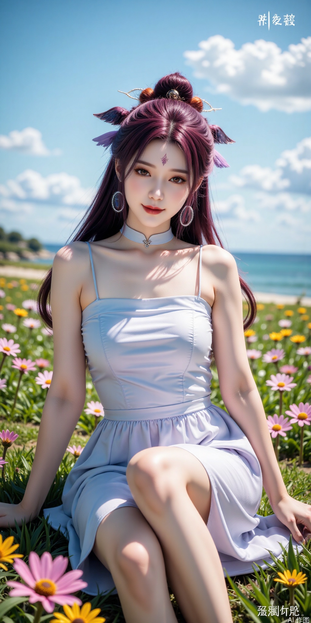 真人肌肤纹理, 4K画质,完美身材,long legs,big_breasts,navel,,(Good structure), DSLR Quality,Depth of field,kind smile,looking_at_viewer,Dynamic pose,, best quality, masterpiece, illustration, (reflection light), incredibly absurdres, ((Movie Poster), (signature:1.3), (English text), 1girl, girl middle of flower, pure sky,clear sky, outside, collarbone, sitting, absurdly long hair, clear boundaries of the cloth, white dress, fantastic scenery, ground of flowers, thousand of flowers, colorful flowers, flowers around her, various flowers,bare shoulders,skirt, sandals,siyouyou, purple hair, hair ornament,forehead mark