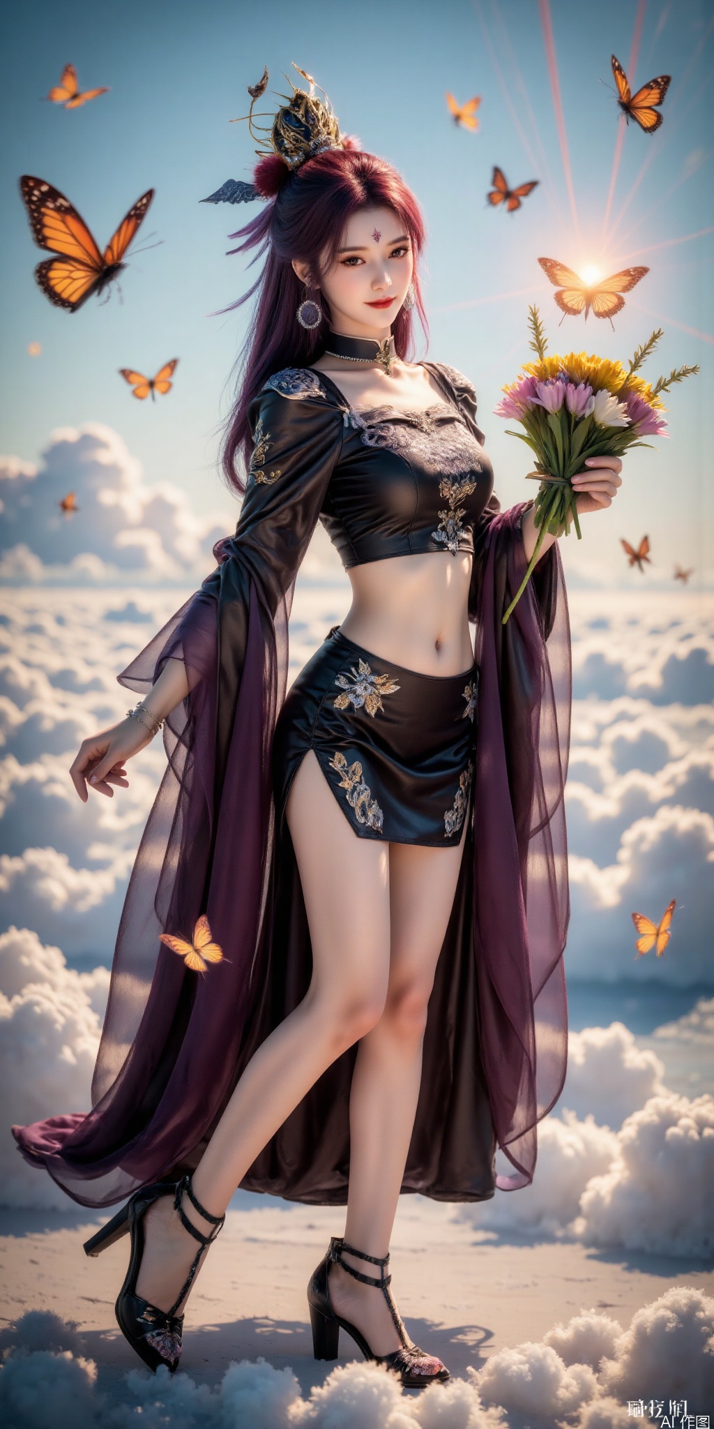 surreal warm cinematic full body shot photography, Kodak Professional Portra 160, 1girl,looking_at_viewer,navel,,exquisite diamond-encrusted high heels, ,kind smile,. , argyle legwear,star \(symbol\),super long legs, ,realistic,,pose for picture,Dynamic posture, ,良好解剖结构,真人肌肤纹理, 4K画质,完美身材,
The image depicts a serene and ethereal scene with a woman standing amidst a cloud-filled sky. She is dressed in a flowing, Short tops and skirts adorned with intricate gold patterns,
giving her an otherworldly and regal appearance. Her long, hair cascades down her back, 
and she holds a bunch of flowers  , which extends upwards and is illuminated by a radiant light. Surrounding her are numerous butterflies, their delicate wings shimmering in the soft light. The background consists of a sky filled with fluffy, white clouds, creating a dreamy and mystical atmosphere. The overall composition exudes a sense of tranquility and otherworldly beauty.,siyouyou, purple hair, hair ornament,forehead mark