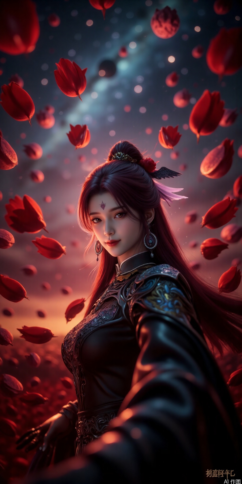 , DSLR Quality,Depth of field ,looking_at_viewer,Dynamic pose, , kind smile,1girl , 8k resolution, Masterpiece quality, High detail. from below, Fantasy theme, cropped. {(1 girl:1.5),(close to viewer:1.8), ((looking at viewer:2), beautiful face, ), ((worm's eye shot:1.2)),perspective distortion}, (Panoramic view, fisheye lens effect:1.1). {(Strong backlighting, underexposure:1.4), (blocked shadows:0.8), depth of field(at 100mm focal length:1.2)}, (horizon:0.7), low key earth. the starry sky feathering into the background, creating a sense of depth and gradient. Incorporating Droste Effect(an endless repetition and reflection:1.2). Surrounded by fluttering rose petals, reflected or casting dramatic shadows and highlights, {(meteor shower, planets:1.1), (Vermilion Comet:1.3)}. mesmerizing effect, a dreamlike ambiance of infinity. A vortex of rose petals, a starry sky vortex, , as, vortex, tyjf,