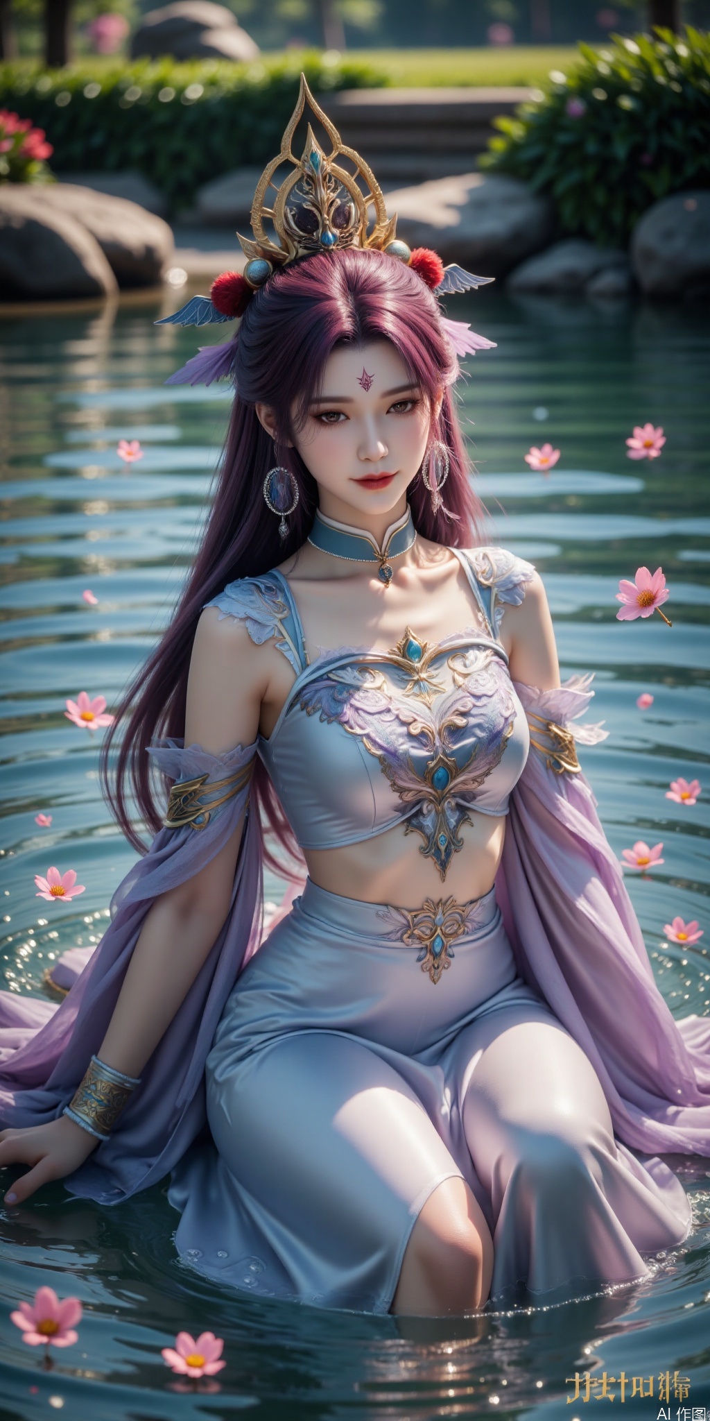 The image depicts a serene and ethereal scene with a female character sitting in a body of water. She has long, flowing  hair adorned with delicate flowers and golden ornaments, including a prominent headpiece resembling a crown. Her attire is a white, flowing gown embellished with intricate gold patterns and blue gemstones. The water around her is clear, with small bubbles and floating petals, creating a magical atmosphere. The background features a blurred natural setting with trees and rocks, enhancing the mystical and tranquil ambiance. The overall composition is highly detailed and visually captivating, with a focus on the character's peaceful expression and the enchanting surroundings.,siyouyou, purple hair, hair ornament,forehead mark