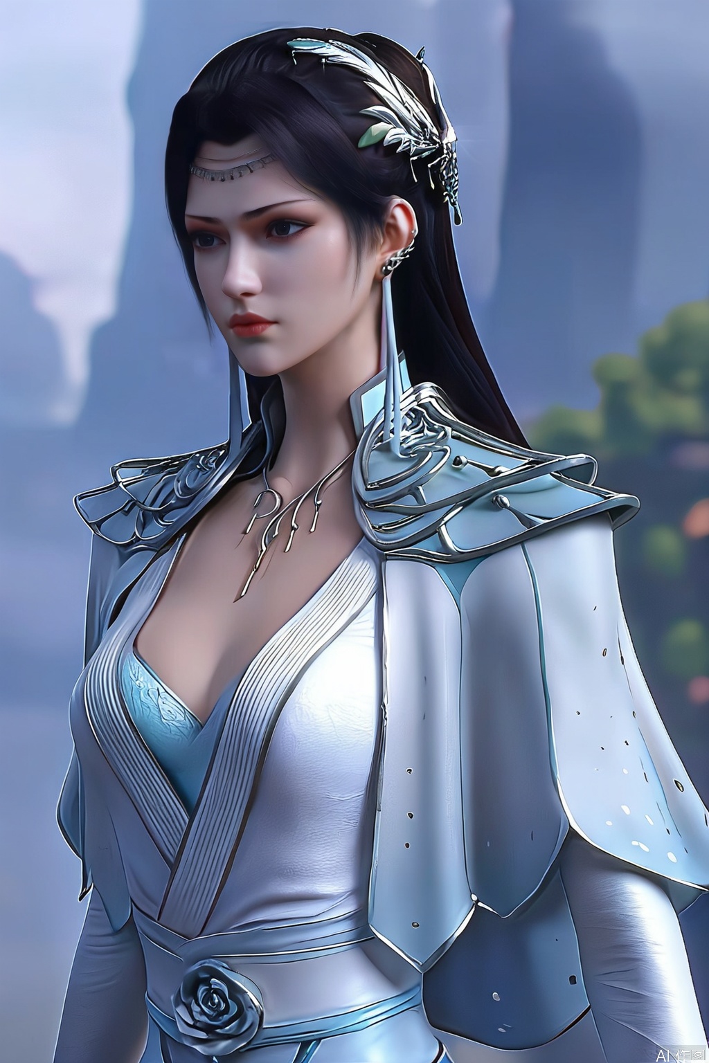 score_9_up,score_8_up,score_7_up,(Masterpiece, Best Quality, High Resolution, 8K Raw),absurdres, highres, Expressiveh,illustration,realistic,
1girl, solo, long hair, black hair, hair ornament, dress, jewelry, closed mouth, upper body, earrings, necklace, blurry background, expressionless, portrait, photorealistic,