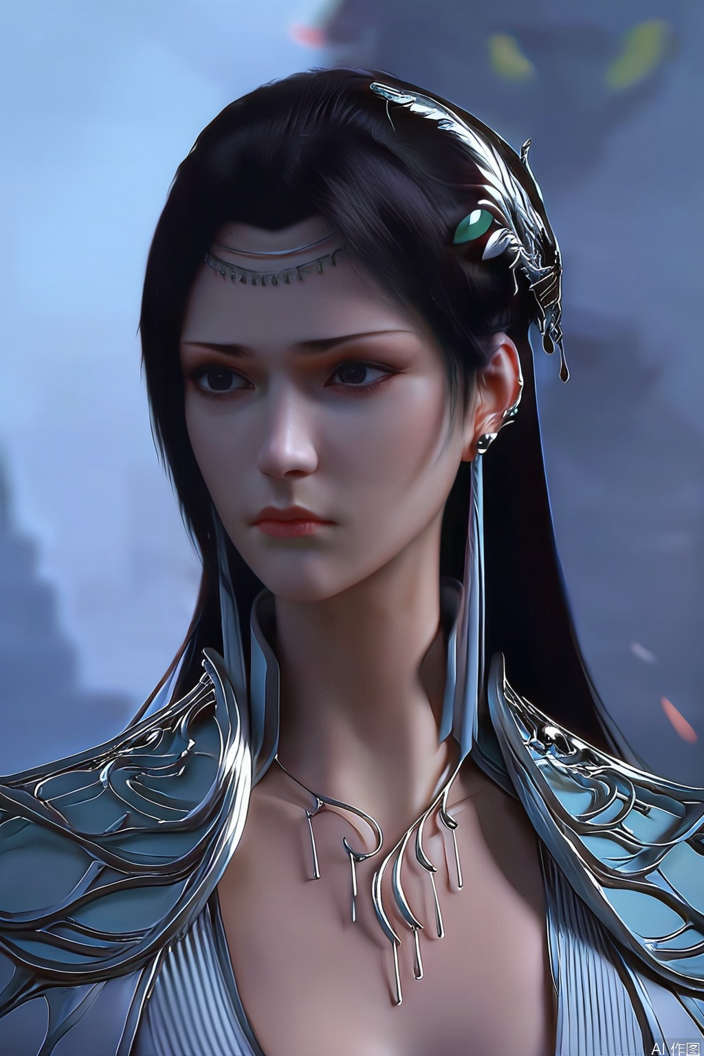 score_9_up,score_8_up,score_7_up,
1girl, solo, long hair, black hair, hair ornament, dress, jewelry, closed mouth, upper body, earrings, necklace, blurry background, expressionless, portrait, photorealistic,