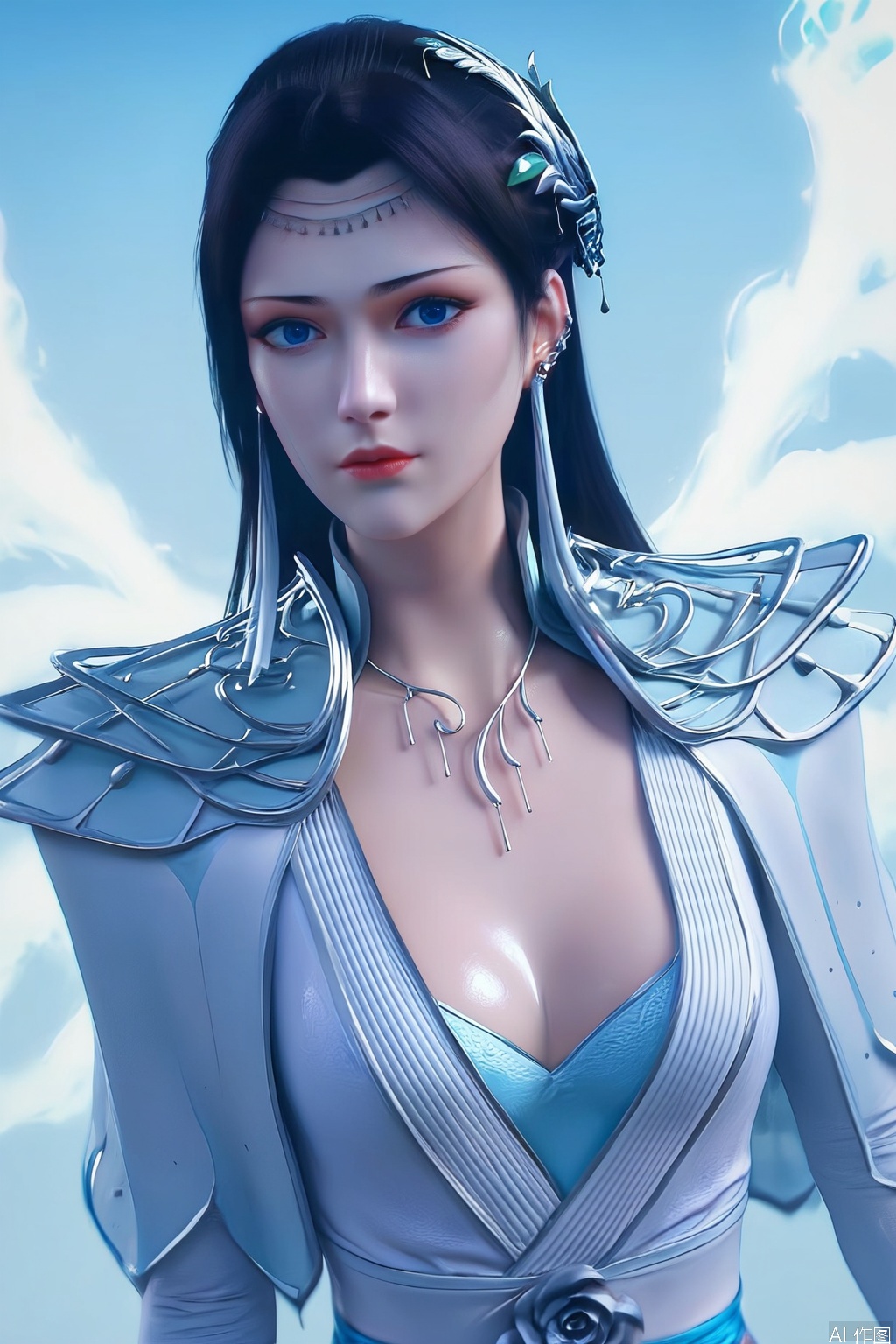 score_9_up,score_8_up,score_7_up,Expressiveh,illustration,CG, 
1girl, solo, long hair, blue eyes, black hair, hair ornament, looking_at_viewer,dress, jewelry, upper body, earrings, sky, blue sky,white skin,shiny skin,glowing skin,translucent,realistic,
 highly detailed,ultra-high resolution,32K UHD,sharp focus,best-quality,masterpiece,unconventional supreme masterpiece,masterful details,temperate atmosphere,with a high-end texture,in the style of fashion photography,Dynamic Angle