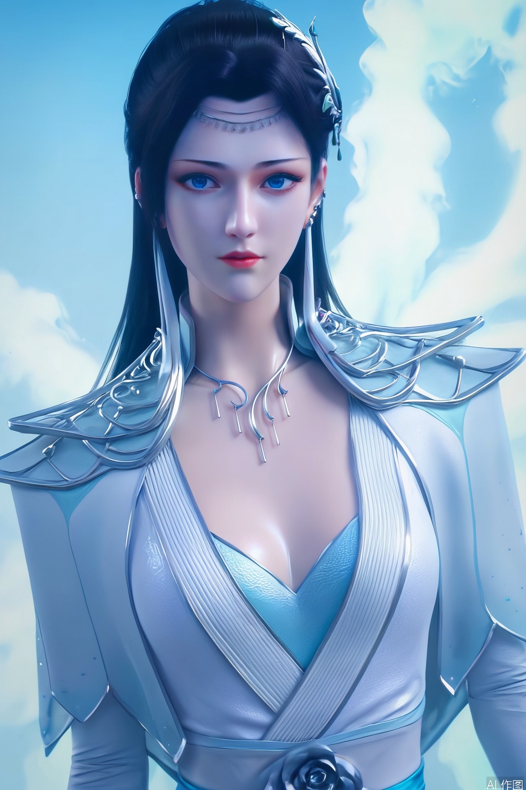 score_9_up,score_8_up,score_7_up,Expressiveh,illustration,CG, 
1girl, solo, long hair, blue eyes, black hair, hair ornament, looking_at_viewer,dress, jewelry, upper body, earrings, sky, blue sky,white skin,shiny skin,glowing skin,translucent,
 highly detailed,ultra-high resolution,32K UHD,sharp focus,best-quality,masterpiece,unconventional supreme masterpiece,masterful details,temperate atmosphere,with a high-end texture,in the style of fashion photography,Dynamic Angle