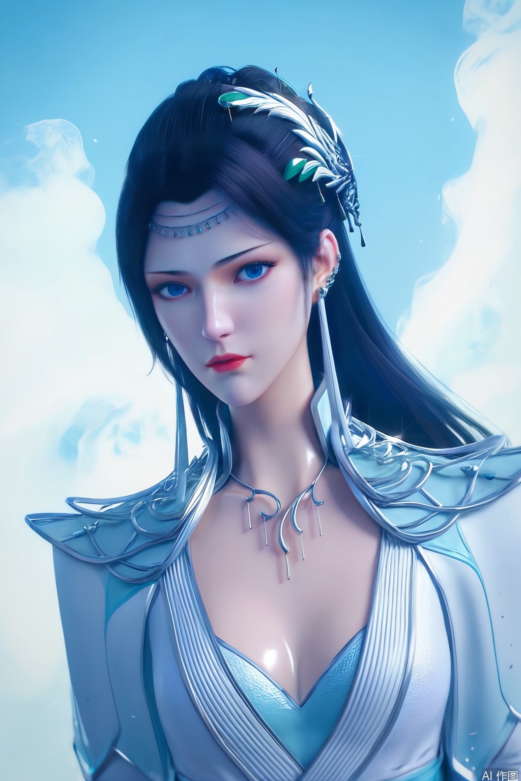 score_9_up,score_8_up,score_7_up,Expressiveh,illustration,CG, 
1girl, solo, long hair, blue eyes, black hair, hair ornament, looking_at_viewer,dress, jewelry, upper body, earrings, sky, blue sky,shiny skin,glowing skin,translucent,
 highly detailed,ultra-high resolution,32K UHD,sharp focus,best-quality,masterpiece,unconventional supreme masterpiece,masterful details,temperate atmosphere,with a high-end texture,in the style of fashion photography,Dynamic Angle