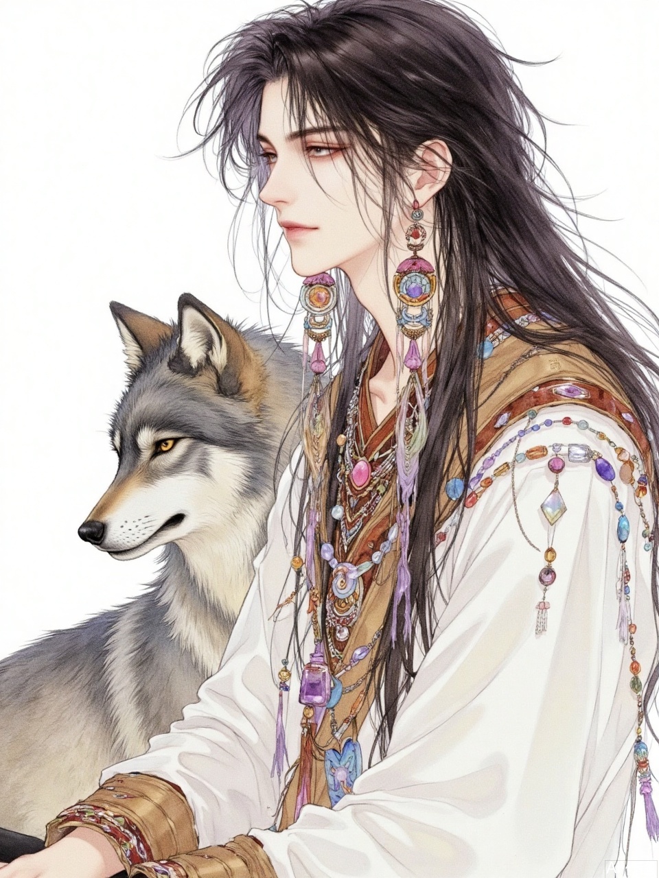 A beautiful illustration of an anime-style boy with long black hair and bangs. He is wearing boho earrings and necklaces, and flowing . Next to him sits his gray wolf companion. The artwork is in watercolor and pastel colors, with a white background, resembling a fantasy book cover. This piece could be used for a fantasy romance book cover or artwork, in a manga style, reminiscent of the character design work of Masamune Shirow