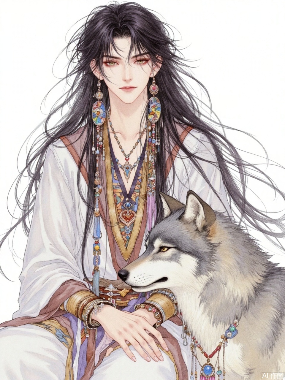 A beautiful illustration of an anime-style boy with long black hair and bangs. He is wearing boho earrings and necklaces, and flowing . Next to him sits his gray wolf companion. The artwork is in watercolor and pastel colors, with a white background, resembling a fantasy book cover. This piece could be used for a fantasy romance book cover or artwork, in a manga style, reminiscent of the character design work of Masamune Shirow