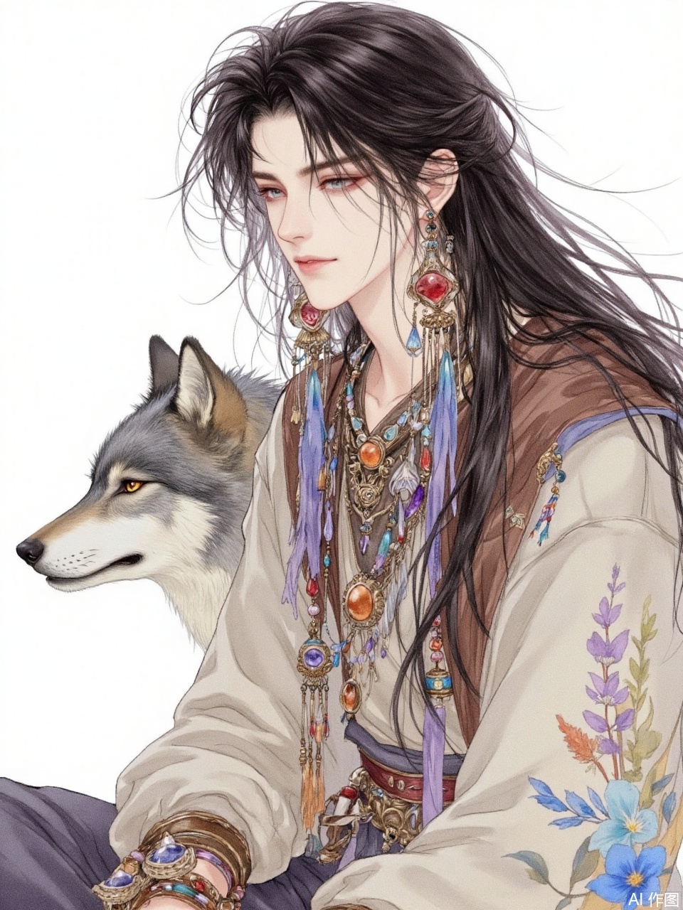 A beautiful illustration of an anime-style boy with long black hair and bangs. He is wearing boho earrings and necklaces, and flowing . Next to him sits his gray wolf companion. The artwork is in watercolor and pastel colors, with a white background, resembling a fantasy book cover. This piece could be used for a fantasy romance book cover or artwork, in a manga style, reminiscent of the character design work of Masamune Shirow