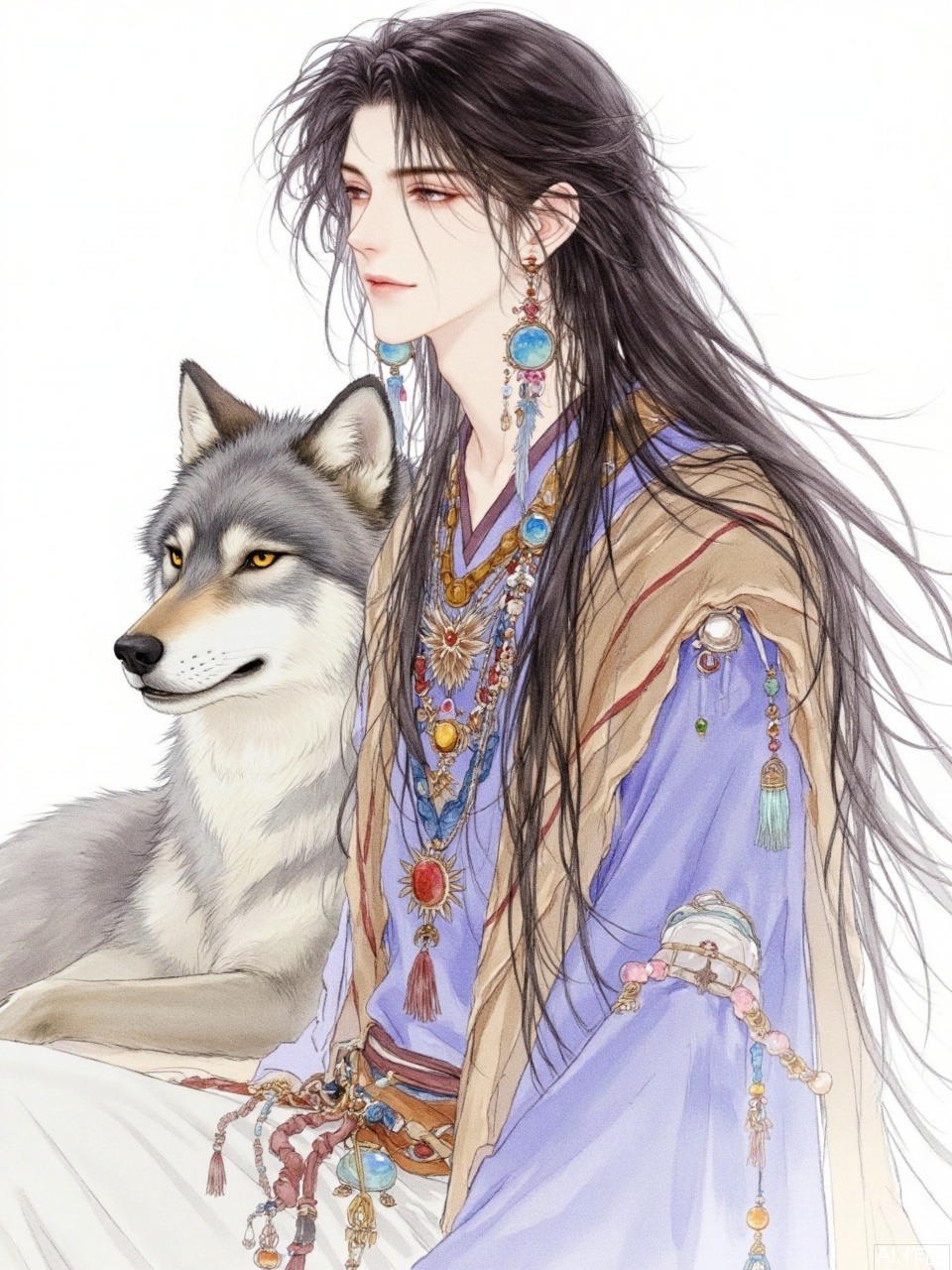 A beautiful illustration of an anime-style boy with long black hair and bangs. He is wearing boho earrings and necklaces, and flowing . Next to him sits his gray wolf companion. The artwork is in watercolor and pastel colors, with a white background, resembling a fantasy book cover. This piece could be used for a fantasy romance book cover or artwork, in a manga style, reminiscent of the character design work of Masamune Shirow