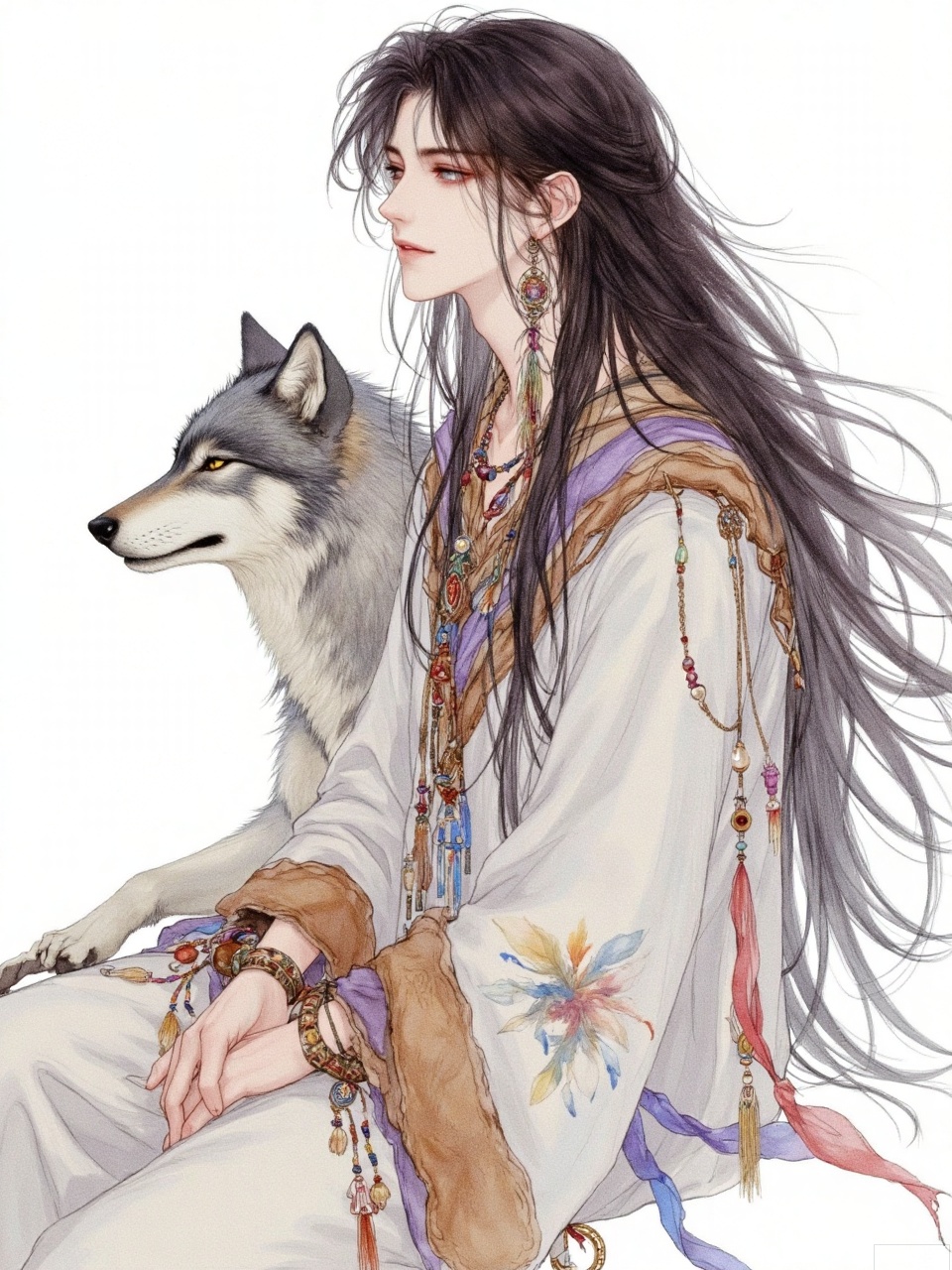 A beautiful illustration of an anime-style boy with long black hair and bangs. He is wearing boho earrings and necklaces, and flowing . Next to him sits his gray wolf companion. The artwork is in watercolor and pastel colors, with a white background, resembling a fantasy book cover. This piece could be used for a fantasy romance book cover or artwork, in a manga style, reminiscent of the character design work of Masamune Shirow
