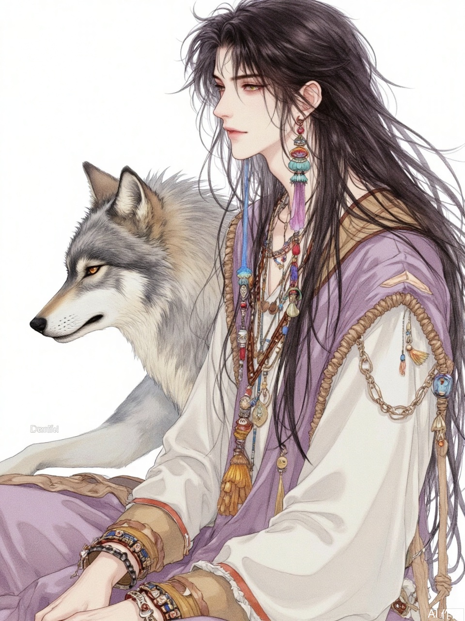A beautiful illustration of an anime-style boy with long black hair and bangs. He is wearing boho earrings and necklaces, and flowing . Next to him sits his gray wolf companion. The artwork is in watercolor and pastel colors, with a white background, resembling a fantasy book cover. This piece could be used for a fantasy romance book cover or artwork, in a manga style, reminiscent of the character design work of Masamune Shirow