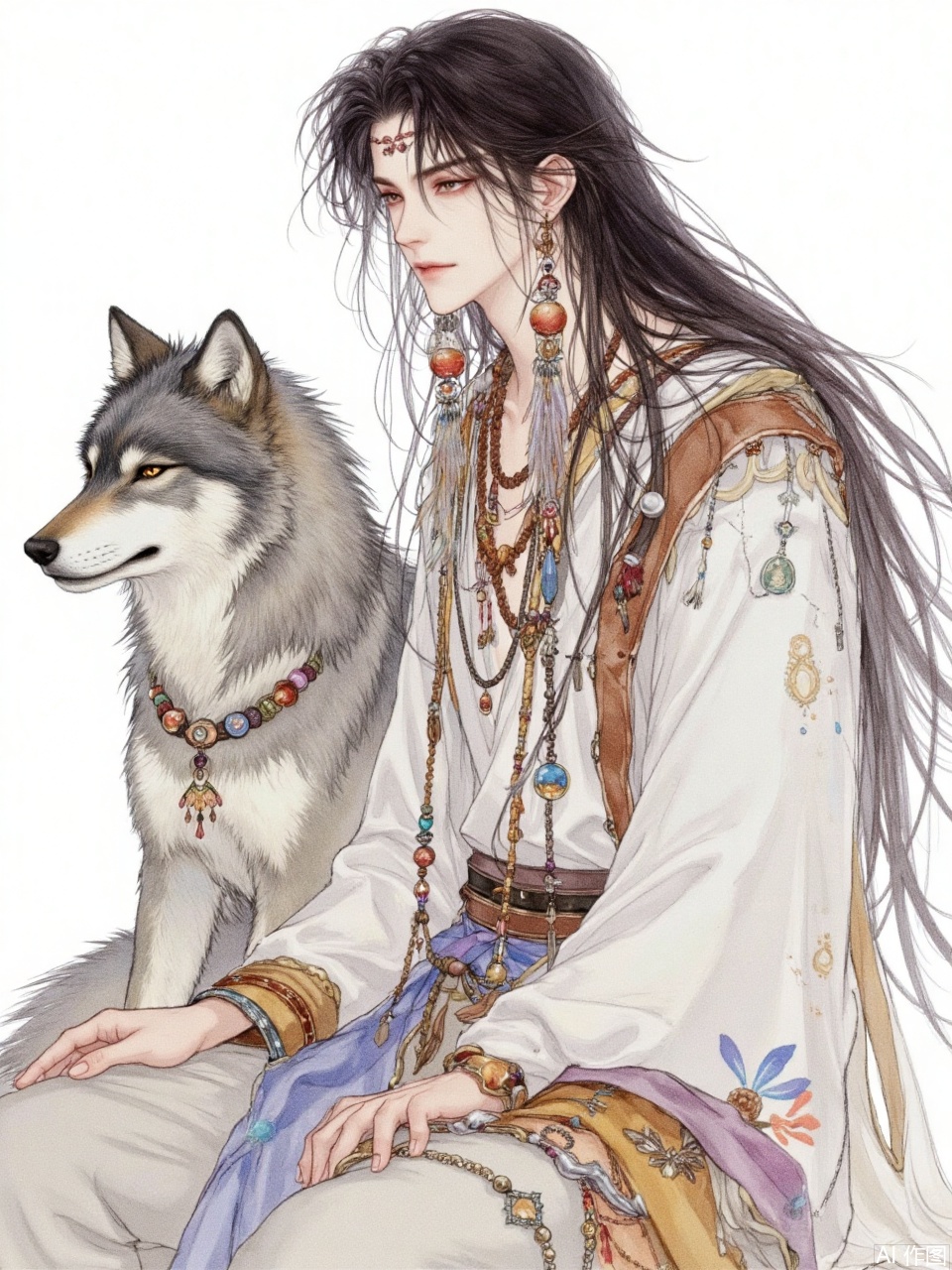 A beautiful illustration of an anime-style boy with long black hair and bangs. He is wearing boho earrings and necklaces, and flowing . Next to him sits his gray wolf companion. The artwork is in watercolor and pastel colors, with a white background, resembling a fantasy book cover. This piece could be used for a fantasy romance book cover or artwork, in a manga style, reminiscent of the character design work of Masamune Shirow
