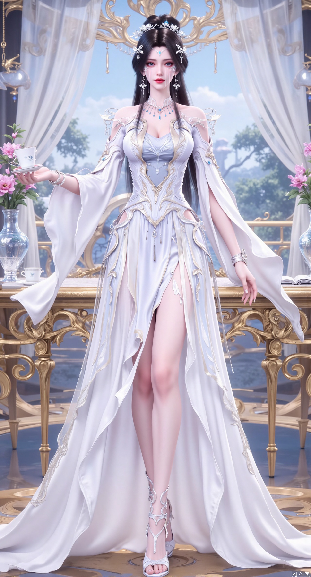 Ultra clear, wallpaper, 8k, masterpiece, 1girl, solo, long hair, breasts, looking at viewer, bangs, large breasts, dress, cleavage, bare shoulders, jewelry, black hair, standing, purple eyes, full body, flower, thighs, indoors, hair bun, white dress, high heels, cup, see-through, book, bare legs, window, table, white footwear, standing on one leg, curtains, pink flower, side slit, vase, phone screen,XanmiaoyiY,XhuolingerHHY,XwangqiuerKQW,Xxuenv