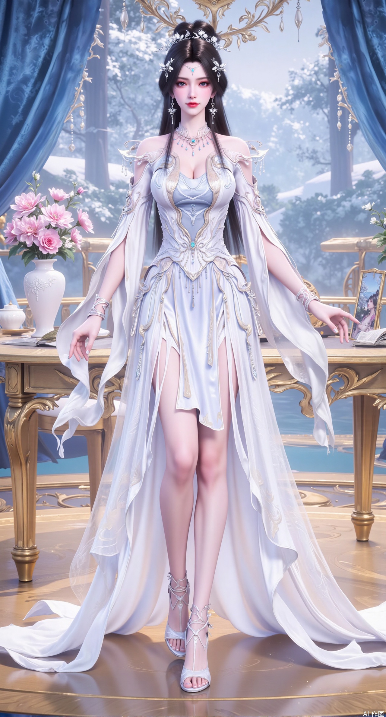 Ultra clear, wallpaper, 8k, masterpiece, 1girl, solo, long hair, breasts, looking at viewer, bangs, large breasts, dress, cleavage, bare shoulders, jewelry, black hair, standing, purple eyes, full body, flower, thighs, indoors, hair bun, white dress, high heels, cup, see-through, book, bare legs, window, table, white footwear, standing on one leg, curtains, pink flower, side slit, vase, phone screen,XanmiaoyiY,XhuolingerHHY,XwangqiuerKQW,Xxuenv
