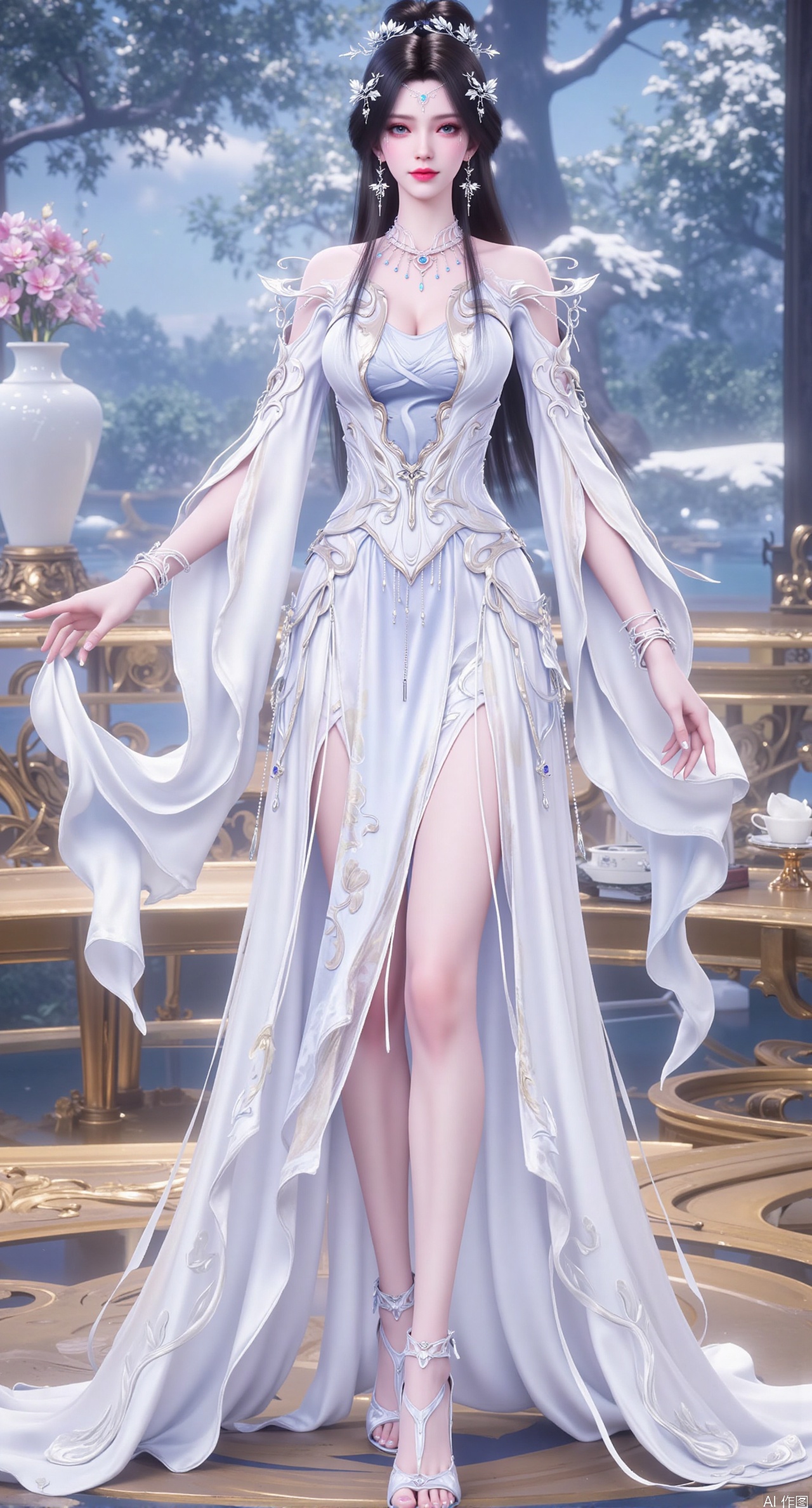 Ultra clear, wallpaper, 8k, masterpiece, 1girl, solo, long hair, breasts, looking at viewer, bangs, large breasts, dress, cleavage, bare shoulders, jewelry, black hair, standing, purple eyes, full body, flower, thighs, indoors, hair bun, white dress, high heels, cup, see-through, book, bare legs, window, table, white footwear, standing on one leg, curtains, pink flower, side slit, vase, phone screen,XanmiaoyiY,XhuolingerHHY,XwangqiuerKQW,Xxuenv