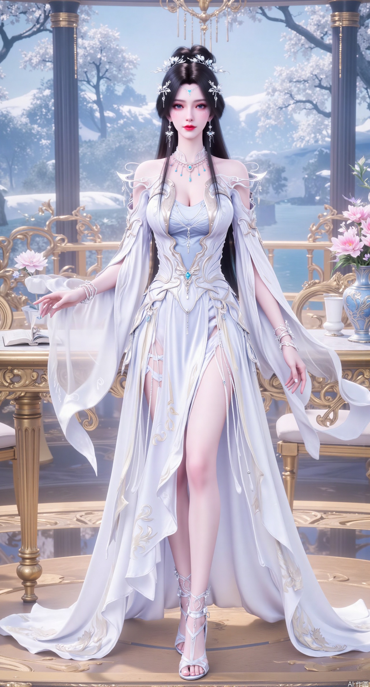 Ultra clear, wallpaper, 8k, masterpiece, 1girl, solo, long hair, breasts, looking at viewer, bangs, large breasts, dress, cleavage, bare shoulders, jewelry, black hair, standing, purple eyes, full body, flower, thighs, indoors, hair bun, white dress, high heels, cup, see-through, book, bare legs, window, table, white footwear, standing on one leg, curtains, pink flower, side slit, vase, phone screen,XanmiaoyiY,XhuolingerHHY,XwangqiuerKQW,Xxuenv