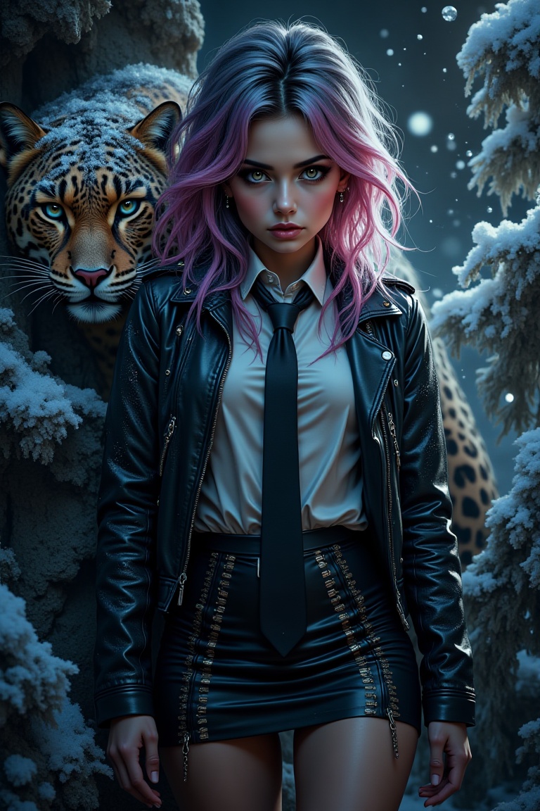 A close-up of a beautiful gothic girl with multicolored hair,  wearing a mini outfit with a shirt and tie,  jacket on Tens...