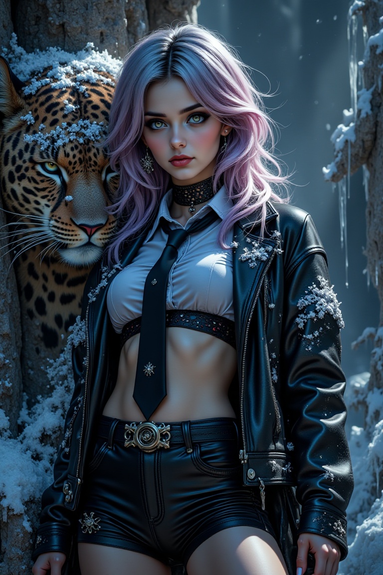 A close-up of a beautiful gothic girl with multicolored hair,  wearing a mini outfit with a shirt and tie,  jacket on Tens...