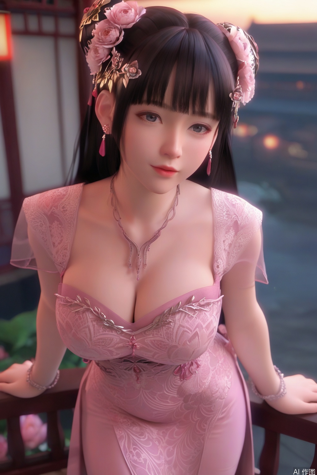 score_9_up,score_8_up,(From top to bottom):1girl, solo, long hair, black hair, hair ornament,big breasts,cleavage, chinese clothes, jewelry, hair flower, earrings, hair flower, necklace, day,sunlight, pink dress,JGZ