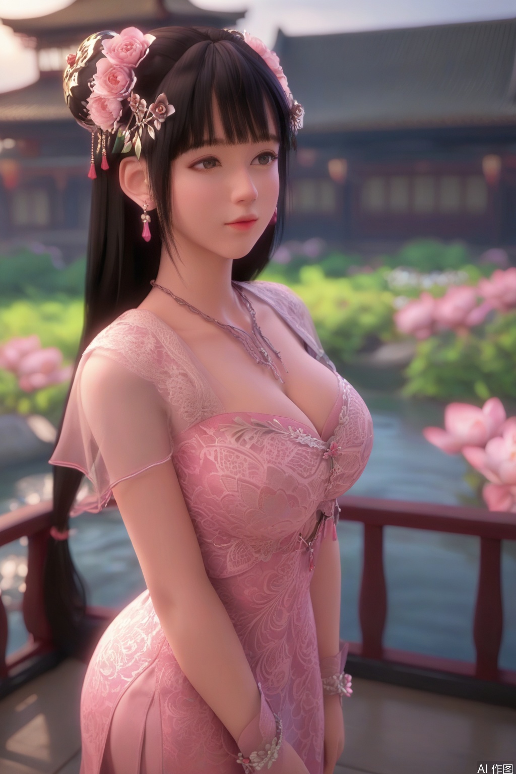 score_9_up,score_8_up,(From top to bottom):1girl, solo, long hair, black hair, hair ornament,big breasts,cleavage, chinese clothes, jewelry, hair flower, earrings, hair flower, necklace, day,sunlight, pink dress,JGZ