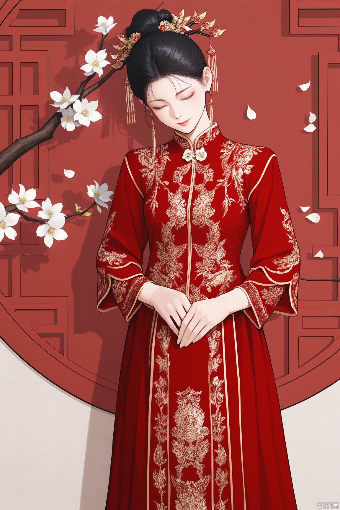 xichun,masterpiece,best quality,1girl, solo, black hair, hair ornament, long sleeves, dress, standing, closed eyes, flower, petals, chinese clothes, plant, white flower, red dress, branch,xiuhe