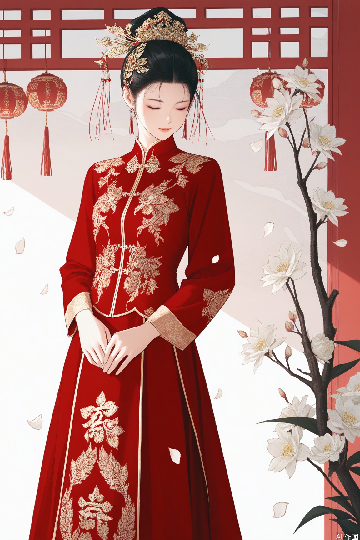 xichun,masterpiece,best quality,1girl, solo, black hair, hair ornament, long sleeves, dress, standing, closed eyes, flower, petals, chinese clothes, plant, white flower, red dress, branch,xiuhe