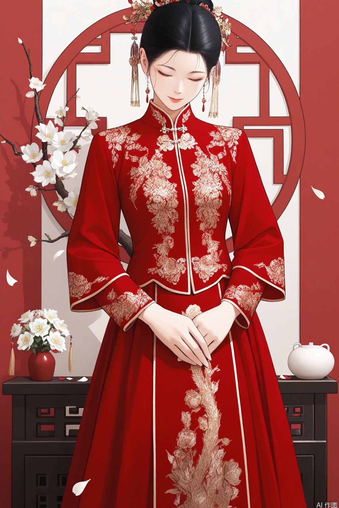 xichun,masterpiece,best quality,1girl, solo, black hair, hair ornament, long sleeves, dress, standing, closed eyes, flower, petals, chinese clothes, plant, white flower, red dress, branch,xiuhe