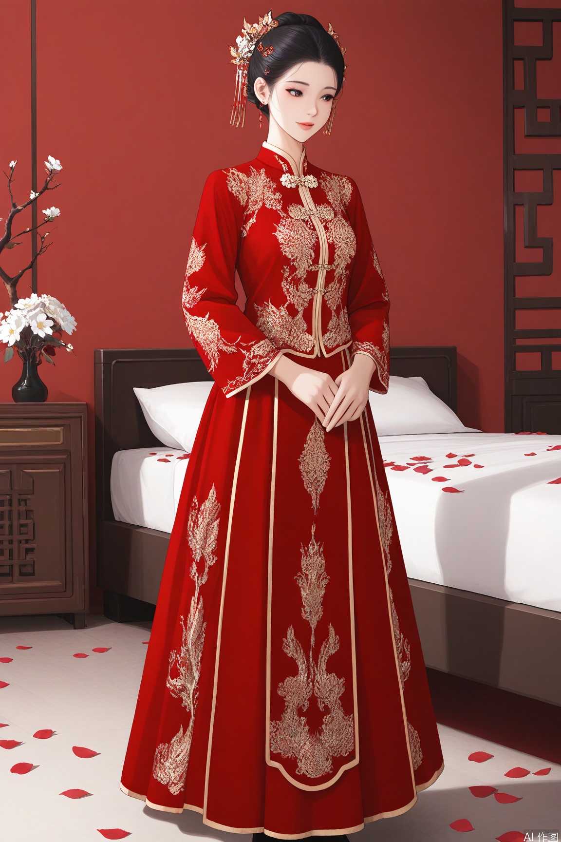 xichun,masterpiece,best quality,1girl, solo, black hair, hair ornament, long sleeves, dress, standing,  flower, petals, chinese clothes, plant, white flower, red dress, branch,xiuhe,indoors,bed
