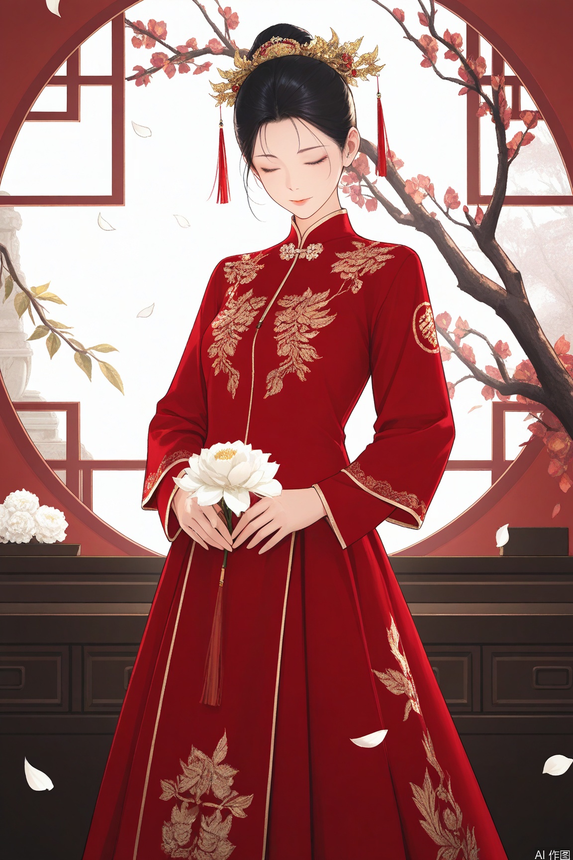 xichun,masterpiece,best quality,1girl, solo, black hair, hair ornament, long sleeves, dress, standing, closed eyes, flower, petals, chinese clothes, plant, white flower, red dress, branch,xiuhe
