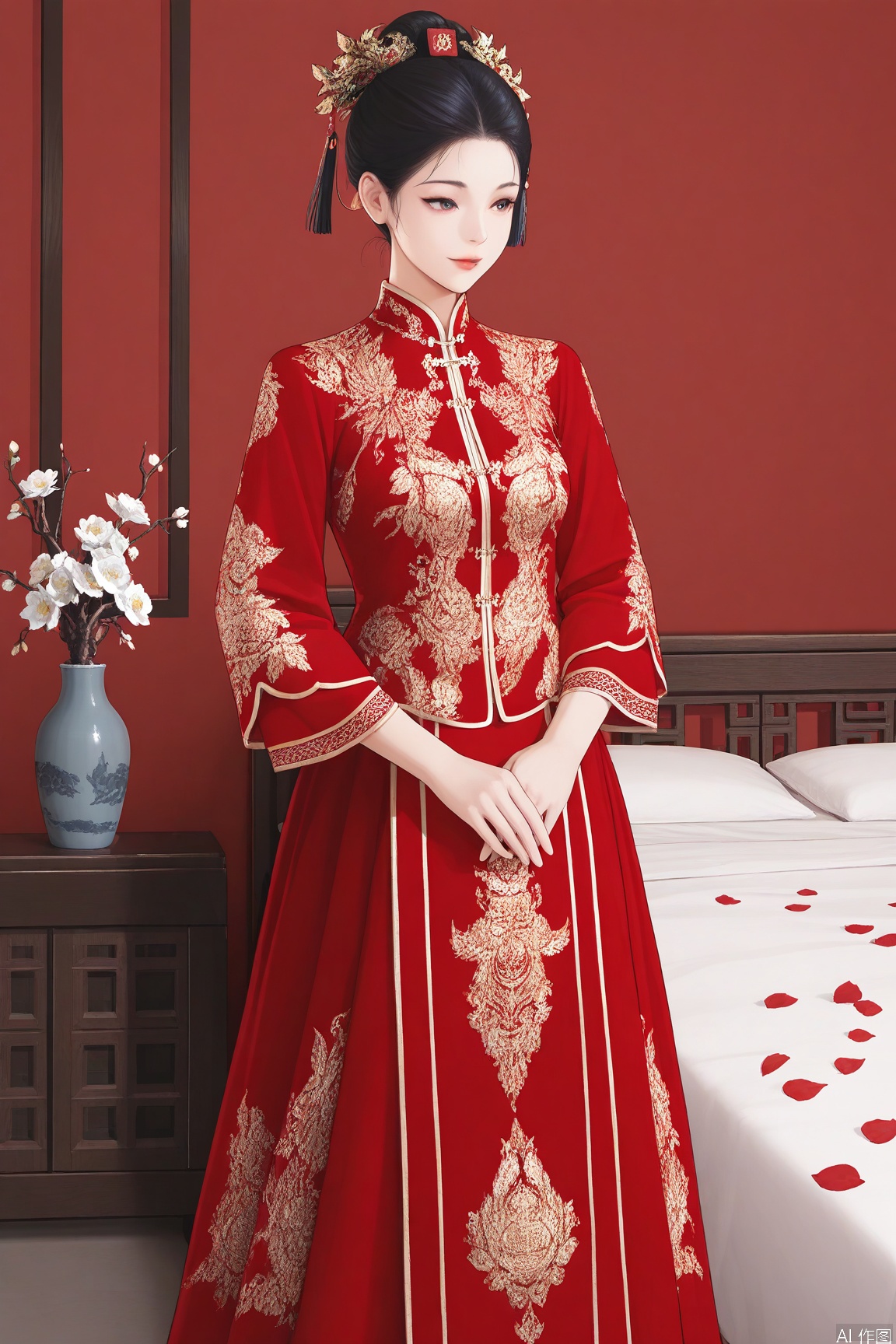 xichun,masterpiece,best quality,1girl, solo, black hair, hair ornament, long sleeves, dress, standing,  flower, petals, chinese clothes, plant, white flower, red dress, branch,xiuhe,indoors,bed