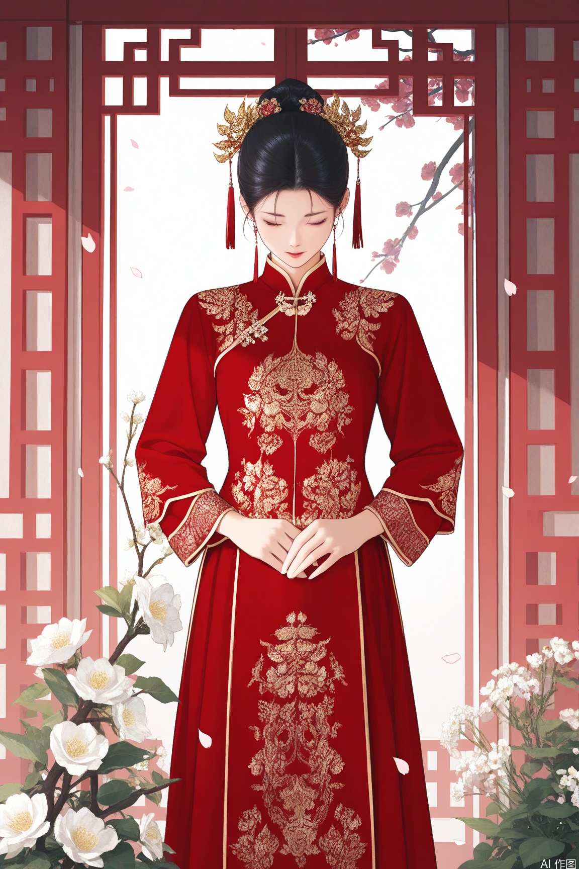 xichun,masterpiece,best quality,1girl, solo, black hair, hair ornament, long sleeves, dress, standing, closed eyes, flower, petals, chinese clothes, plant, white flower, red dress, branch,xiuhe
