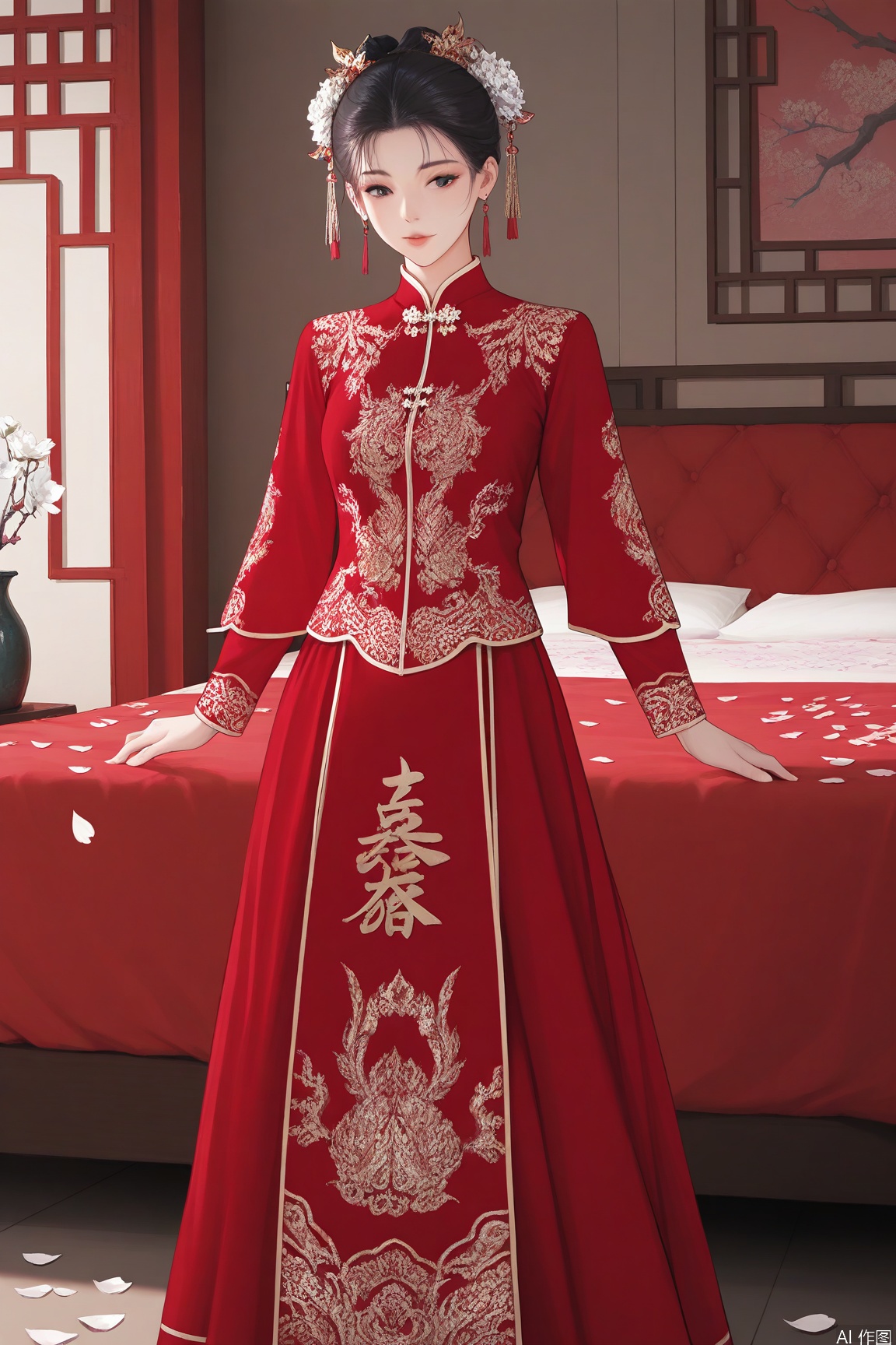 xichun,masterpiece,best quality,1girl, solo, black hair, hair ornament, long sleeves, dress, standing,  flower, petals, chinese clothes, plant, white flower, red dress, branch,xiuhe,indoors,bed