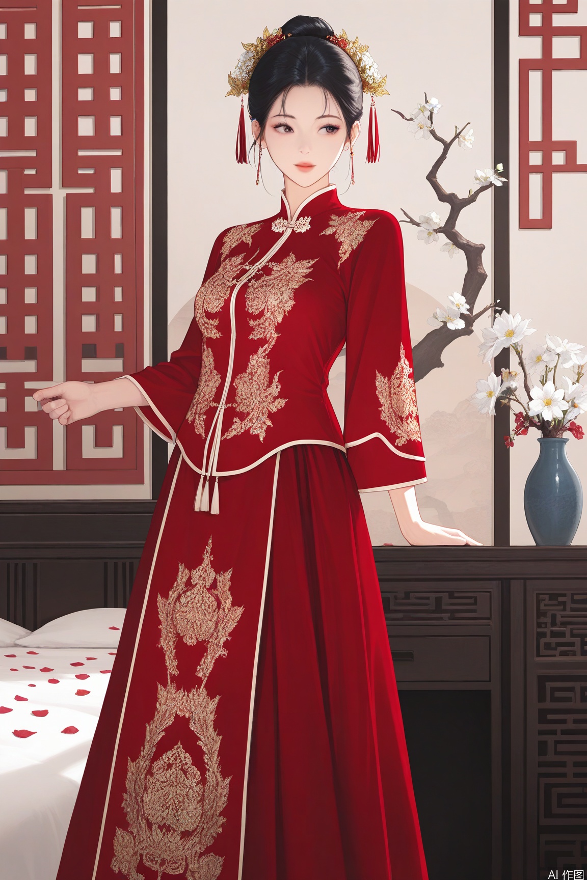 xichun,masterpiece,best quality,1girl, solo, black hair, hair ornament, long sleeves, dress, standing,  flower, petals, chinese clothes, plant, white flower, red dress, branch,xiuhe,indoors,bed