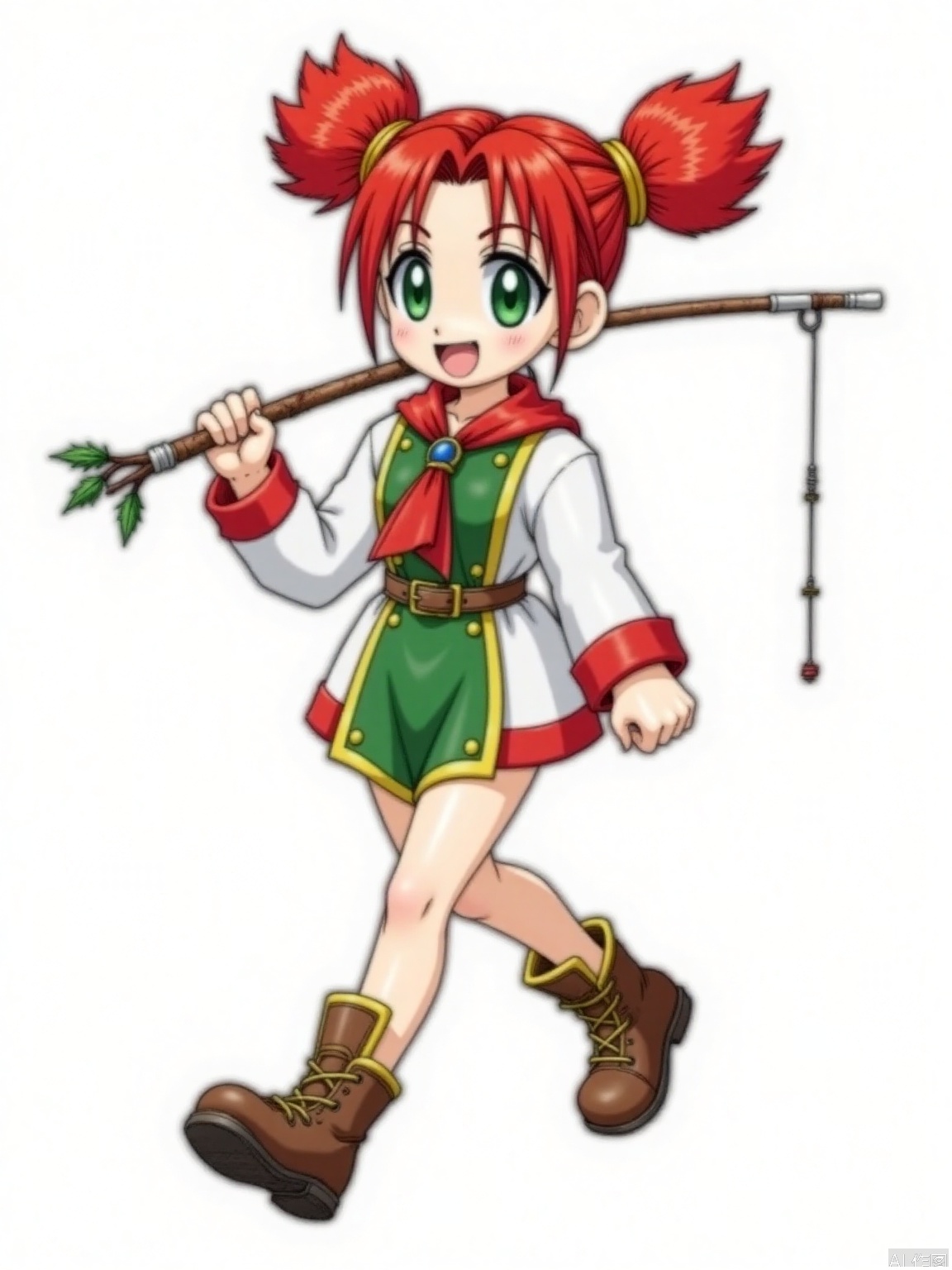 1girl,loubi,12 years old,
This is Loubi. She sports playful red pigtails with slightly upturned tips, fixed by golden hair accessories, exuding a lively vibe. Her green eyes are bright and vivid, with the corners of her mouth raised in a happy smile, looking innocent and carefree. She is dressed in a distinctive outfit. The white long - sleeves are paired with a green short top, with red trims on the collar and cuffs. A red scarf is tied at the collar, and a blue gem adorns the chest. A belt with yellow decorations cinches her waist. She wears a green short skirt, revealing her slender legs. On her feet are brown lace - up boots, decorated with green branches and leaves at the edges. She carries a simple fishing rod on her right shoulder with the fishing line hanging down, and holds a branch in her left hand. With a brisk pace, she seems to be eagerly heading to a fishing spot, fully demonstrating her agility and vitality.