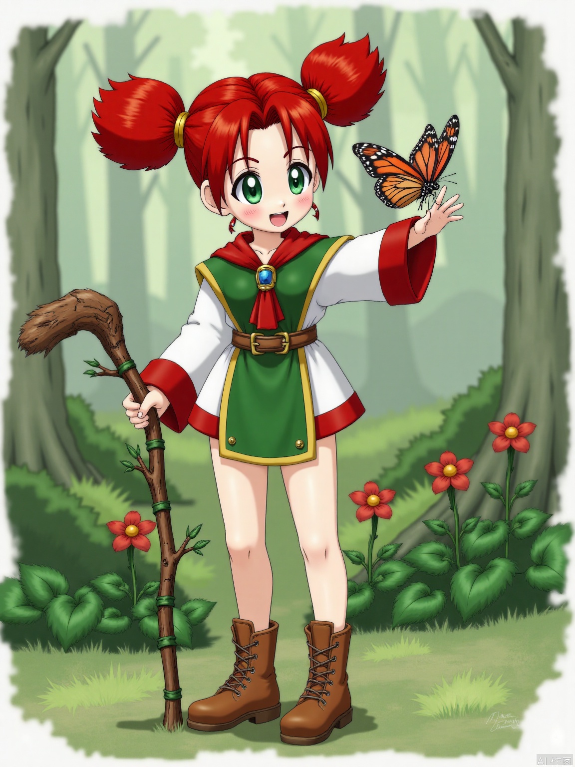 1girl,loubi,12 years old,
This is Loubi. She sports playful red pigtails with slightly upturned tips, fixed by golden hair accessories, exuding a lively vibe. Her green eyes are bright and vivid, full of curiosity. She is dressed in a distinctive outfit. The white long - sleeves are paired with a green short top, with red trims on the collar and cuffs. A red scarf is tied at the collar, and a blue gem adorns the chest. A belt with yellow decorations cinches her waist. She wears a green short skirt, revealing her slender legs. On her feet are brown lace - up boots, decorated with green branches and leaves at the edges.
Loubi is now in a lush forest glade. She holds a small, intricately carved wooden staff in her right hand, which is adorned with a few shiny crystals. With her left hand, she gently touches a large, colorful butterfly that has landed on a nearby flower. Her body is slightly tilted forward, as if she is observing the butterfly with great interest, showing her innocent and inquisitive side.