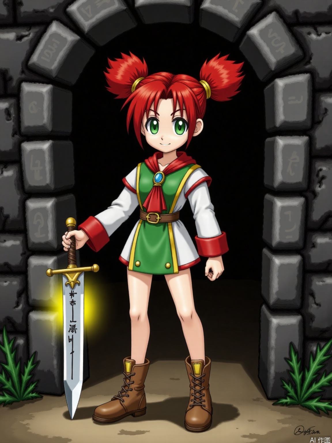 1girl,loubi,12 years old,
This is Loubi. She sports playful red pigtails with slightly upturned tips, fixed by golden hair accessories, exuding a lively vibe. Her green eyes are bright and vivid, shining with determination. She is dressed in a distinctive outfit. The white long - sleeves are paired with a green short top, with red trims on the collar and cuffs. A red scarf is tied at the collar, and a blue gem adorns the chest. A belt with yellow decorations cinches her waist. She wears a green short skirt, revealing her slender legs. On her feet are brown lace - up boots, decorated with green branches and leaves at the edges.
In the world of Dragon Quest, Loubi stands at the entrance of a long - abandoned dungeon. The air shimmers with ancient magic, and strange symbols glow faintly on the stone walls. She grips a well - crafted dagger in her right hand, its blade etched with runes that seem to pulse with power. With her left hand, she holds a glowing crystal lantern, illuminating the dark path ahead. Her posture is alert, ready to face whatever challenges lurk within, as she embarks on a quest to find a legendary artifact that can save her village from an impending evil.
Prompt: "Loubi ventures into a perilous ancient dungeon to retrieve a lost amulet of protection."