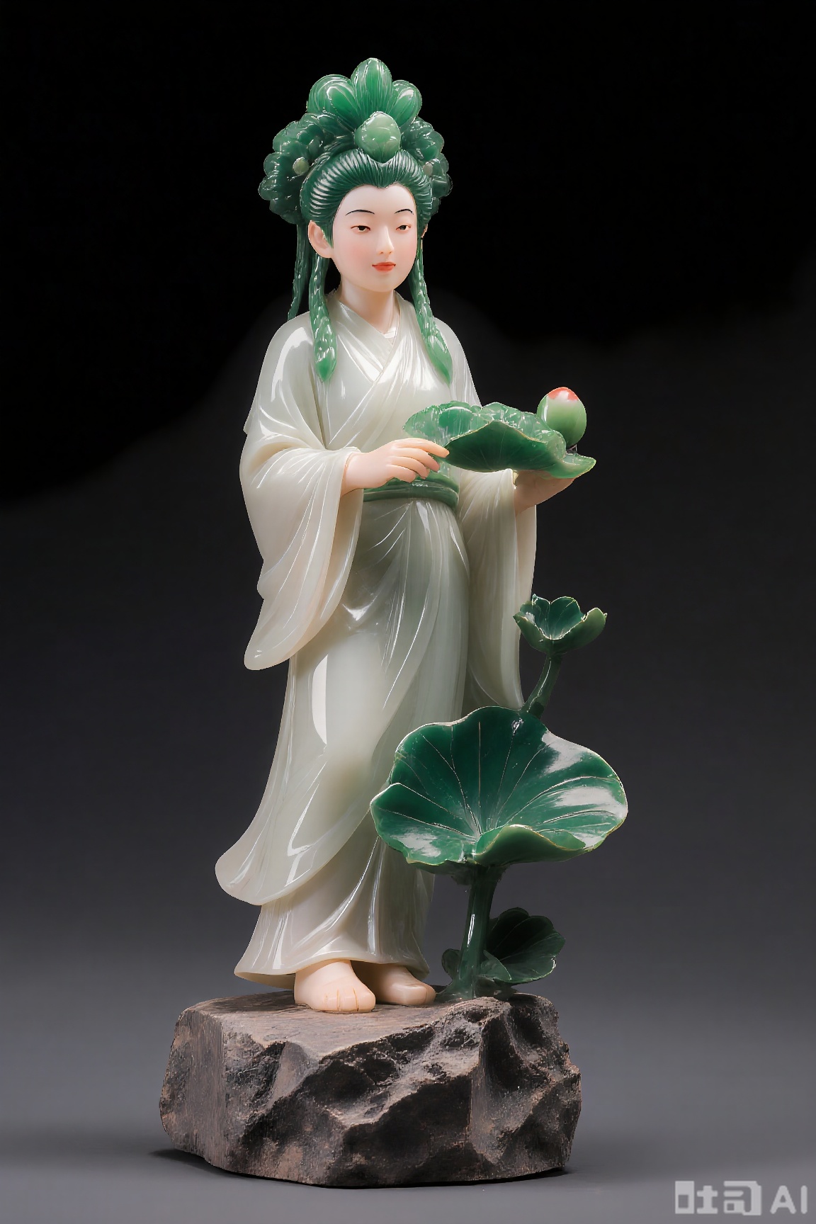 Jade carving woman, rock base, green headdress, lotus leaf pod, warm texture, classical and elegant, dark gray background