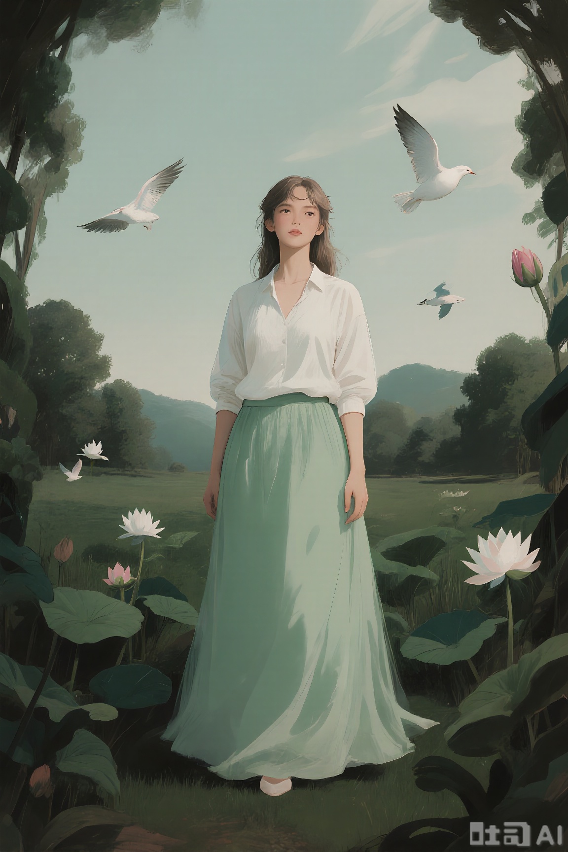 White lotus woman, light green long skirt, landscape background, flying birds and distant trees, ethereal and quiet, green and white main colors