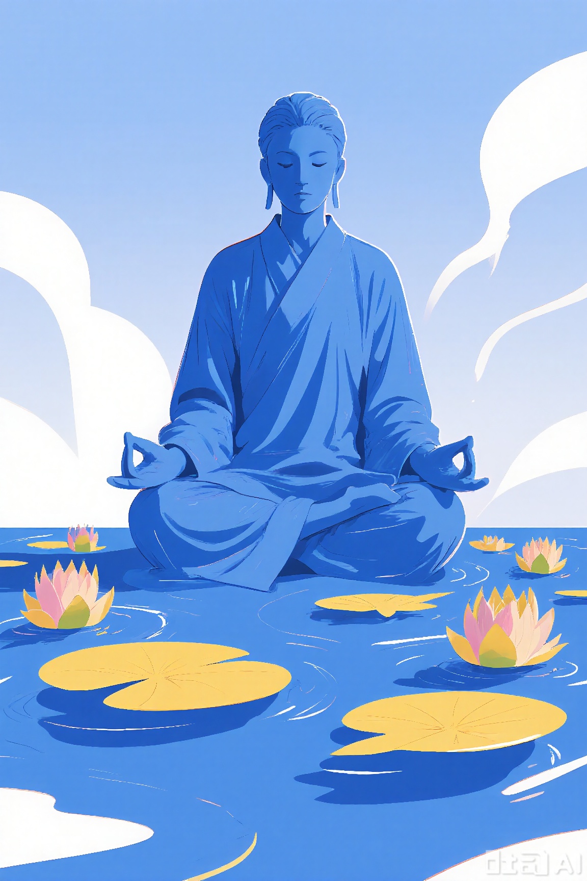Super realistic sculpture, cross-collar dress, lotus leaf meditation, yellow lotus pods, landscape ripples, Zen simple and elegant, blue and white tones