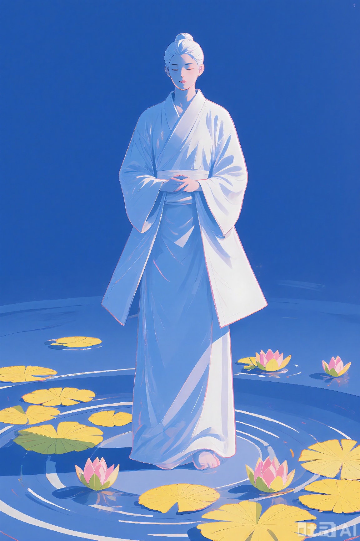 Super realistic sculpture, cross-collar dress, lotus leaf meditation, yellow lotus pods, landscape ripples, Zen simple and elegant, blue and white tones