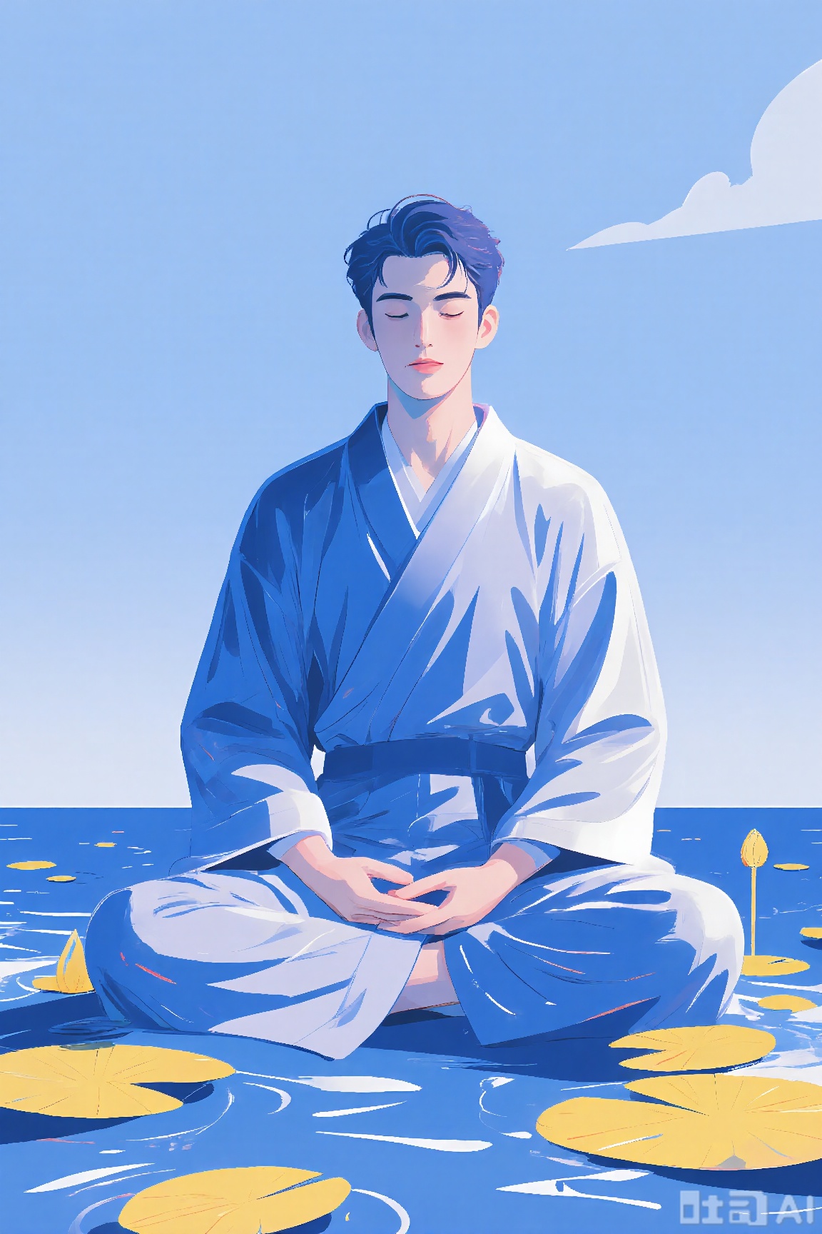 Super realistic sculpture, cross-collar dress, lotus leaf meditation, yellow lotus pods, landscape ripples, Zen simple and elegant, blue and white tones