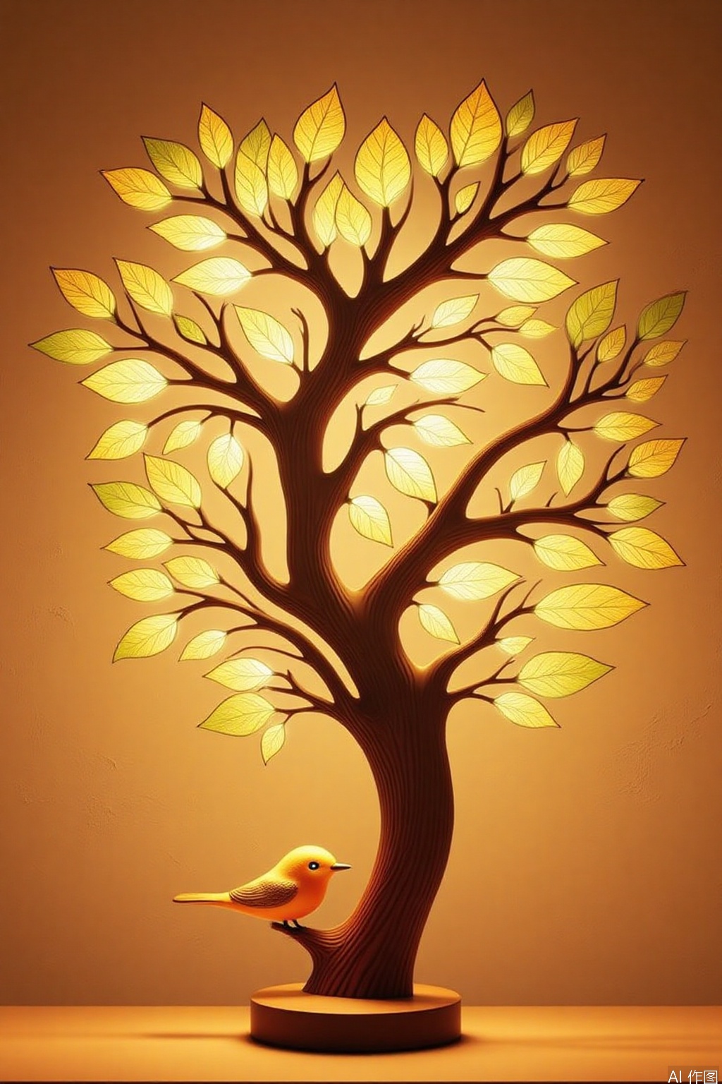 Night light design
The image depicts a beautifully designed lamp that resembles a tree with a wooden base and a bird perched on one of its branches. The lamp features intricately carved branches with leaves that are colored in shades of green
yellow
and orange
creating a warm and inviting atmosphere. The light emitted from the lamp casts soft shadows on the surface below
enhancing the overall aesthetic. The background is a plain
textured wall that complements the lamp without drawing attention away from it.
