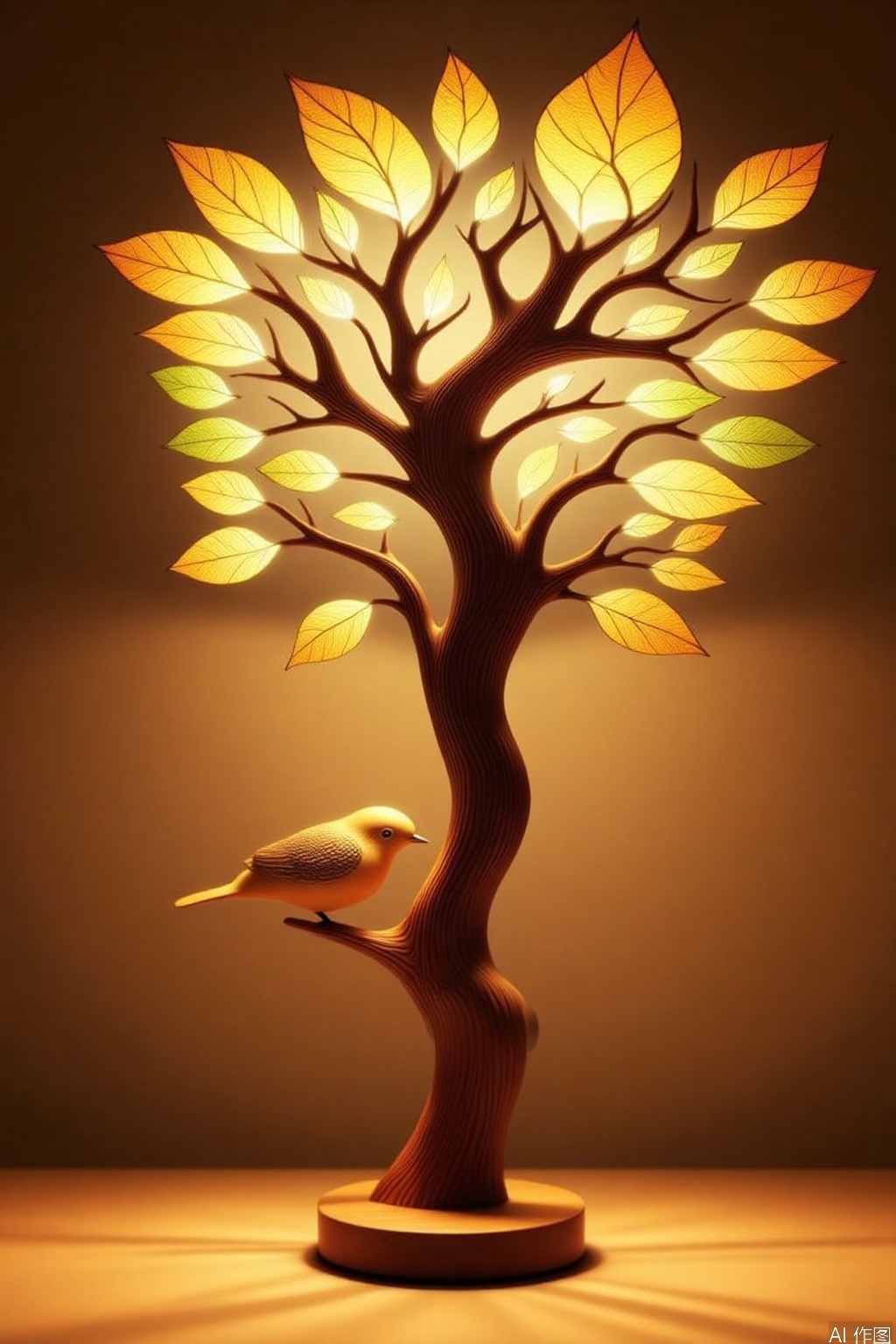 Night light design
The image depicts a beautifully designed lamp that resembles a tree with a wooden base and a bird perched on one of its branches. The lamp features intricately carved branches with leaves that are colored in shades of green
yellow
and orange
creating a warm and inviting atmosphere. The light emitted from the lamp casts soft shadows on the surface below
enhancing the overall aesthetic. The background is a plain
textured wall that complements the lamp without drawing attention away from it.
