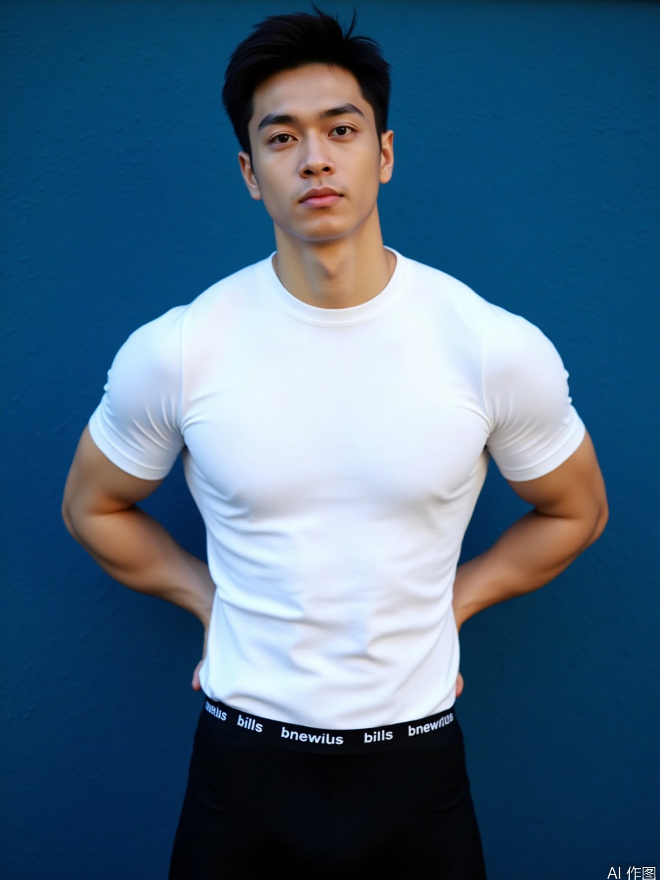 photo, Photograph of a young Asian man with a medium build and smooth, natural skin tone. He stands confidently, hands on hips, wearing a tight, white, short-sleeved t-shirt  and a pair of black fitness short "mens" in white text. His dark hair is neatly styled, and he has a serious, focused expression. The background features a plain blue wall. The lighting is soft and even, highlighting his defined features and the smooth texture of his skin.
Fujicolor GFX100 II 80mm f/4.5,film photo,
background blurred,photography,realistic,film texture,real human skin,Fuji camera,