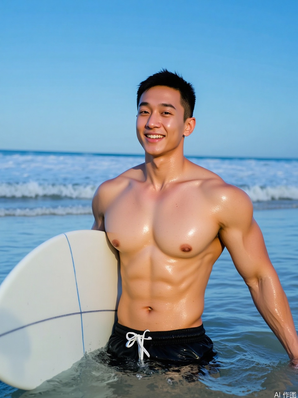 photo, A photograph of a shirtless, muscular Asian man with a natural tan, standing in shallow ocean water. He has short, dark hair and a broad smile. He is holding a white surfboard with a blue stripe. He is wearing black swim shorts with a white drawstring. His skin is glistening with water, highlighting his defined abs and pecs. The background features a clear blue sky and gentle waves.
Fujicolor GFX100 II 80mm f/4.5,film photo,
background blurred,photography,realistic,film texture,real human skin,Fuji camera,