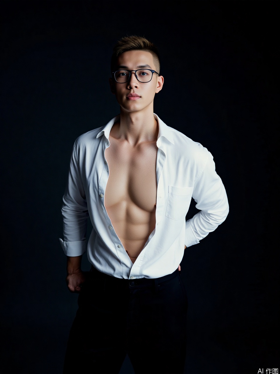 photo, A photograph features a young, attractive Asian man with a buzz cut. glasses,He has a slim, toned physique and stands confidently against a dark, minimalist background. The man's piercing blue eyes and subtle, natural makeup accentuate his sharp facial features. He wears an unbuttoned white dress shirt, revealing a hint of his chest, paired with high-waisted black trousers. His left hand rests on his hip, while his right arm hangs by his side, exuding a relaxed yet composed demeanor. The image captures the fine details of his skin, including natural pores and a smooth texture.
Fujicolor GFX100 II 80mm f/4.5,film photo,
background blurred,photography,realistic,film texture,real human skin,Fuji camera,