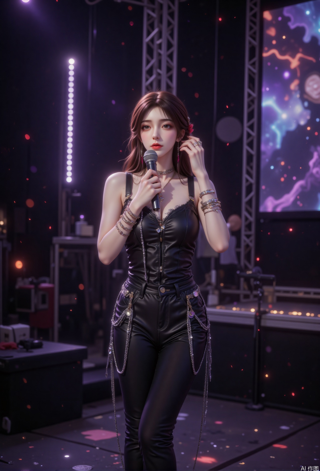 zichu-HLR-idol, image depicts a woman standing on stage, holding a microphone. She wore a slim black outfit with lace and metal accents including chains and buttons. Her outfit was paired with multiple bracelets and a necklace. The background is a dimly lit stage with stage lights and a large screen showing blurry images. This atmosphere implies a scene from a performance or concert.