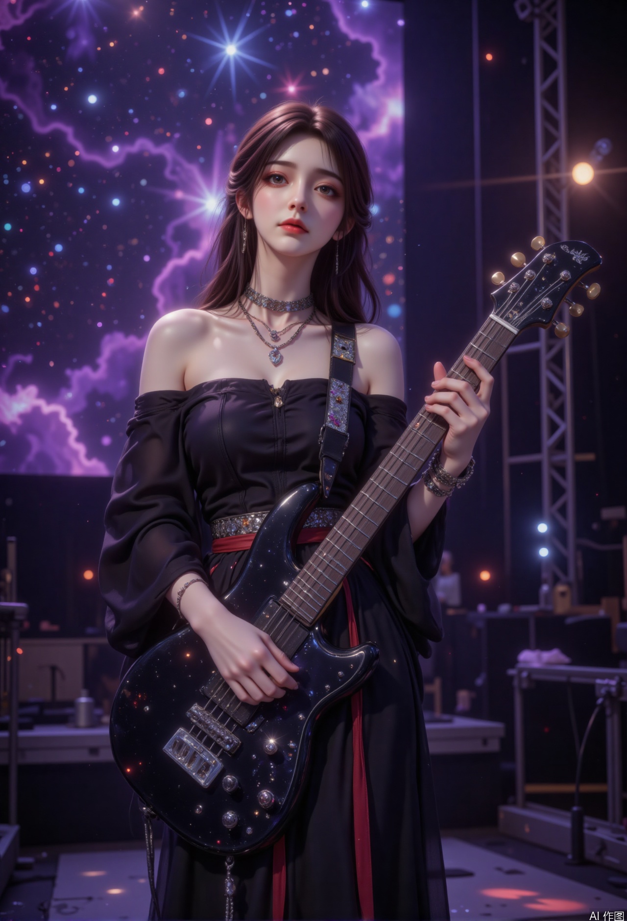 zichu-HLR-idol, image depicts a man standing on the stage, holding a black electric guitar. The man wore a black off-shoulder dress adorned with silver studs and a red belt. They wore multiple necklaces, including a conspicuous pendant, and a bracelet on their left wrist. The background is a stage arrangement with spotlights, a large screen showing starry cosmic scenes, and some equipment like brackets and cables. The overall atmosphere suggests a scene from a performance or concert.
