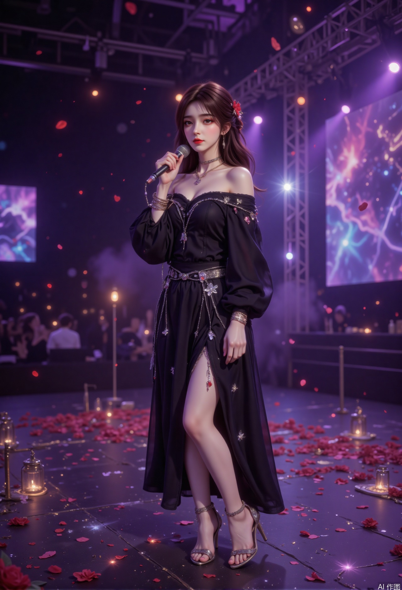 zichu-HLR-idol, image depicts a woman standing on stage, holding a microphone. She wore a black off-shoulder dress, decorated with silver stars and chains, and her feet were wearing high heels. Her hair was decorated with red flowers and accessories. The stage is dotted with scattered rose petals and small lamps, creating a festive atmosphere. In the background, there are large screens showing colorful visuals, and the stage is illuminated by purple and pink lights. The overall environment hints at the scene of a performance or concert.